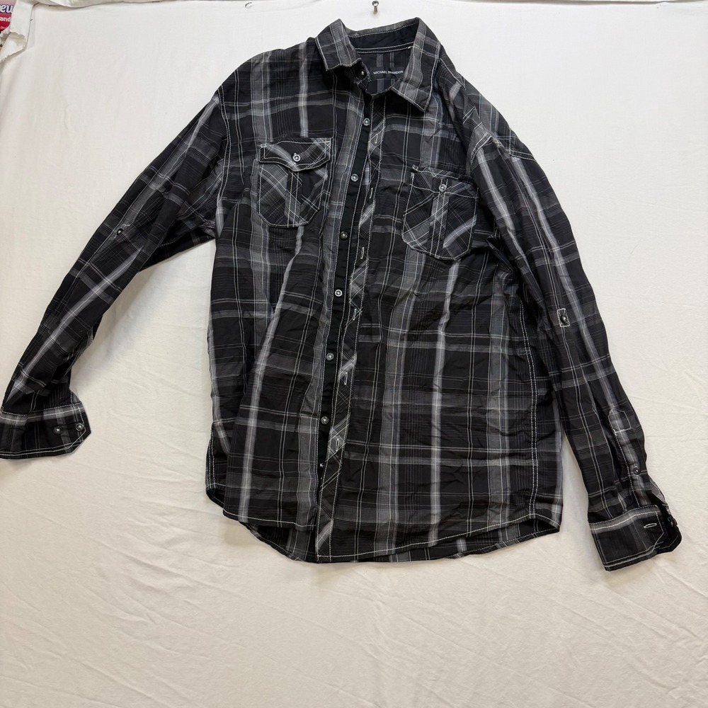 Michael Brandon Mens Black Grey Plaid Button Down Shirt Contrast Stitch Large